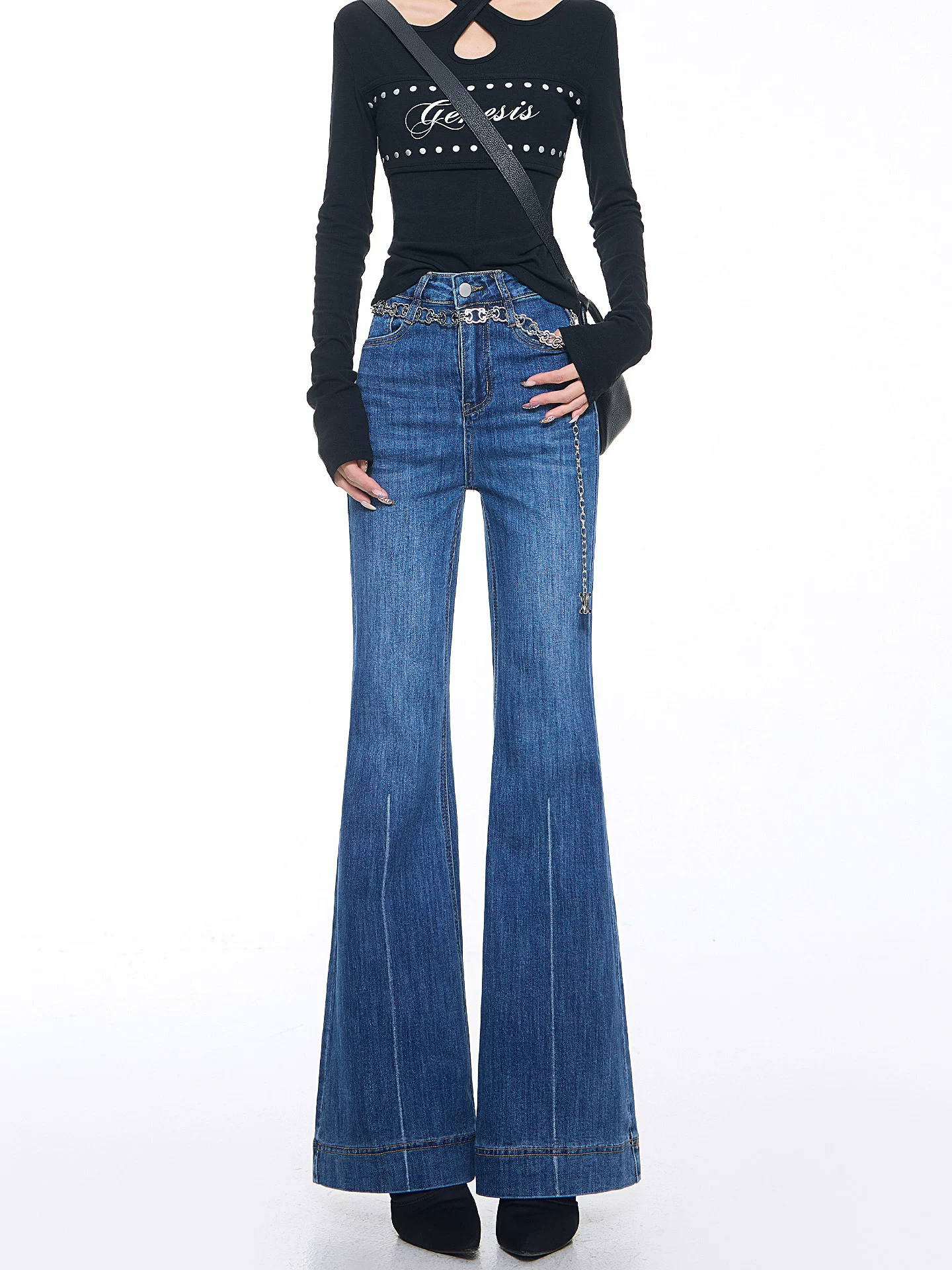 KEN STUDIO Xuân Thu Mới Vintage Xanh Dương Quần Jean Loe Nữ Cao Cấp Slim Fit Co Giãn Quần Đáy Chuông