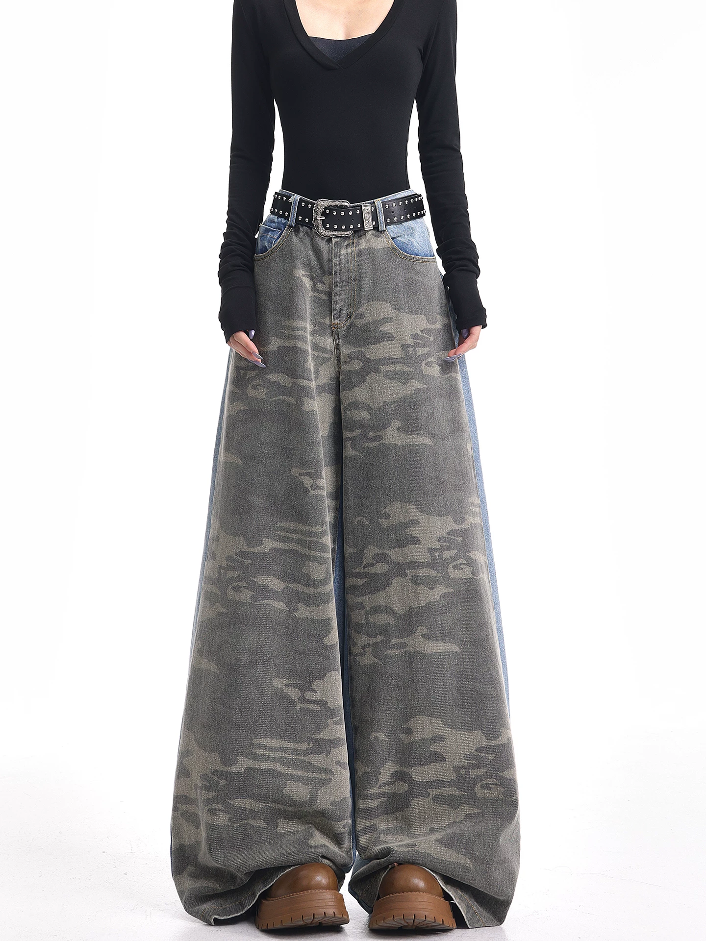 KEN STUDIO mùa thu đông mới quần jean phối màu rằn ri phối màu kiểu Mỹ quần ống rộng dài đến sàn kiểu Mỹ