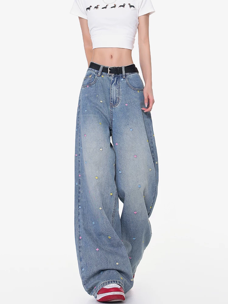 KEN STUDIO mùa hè mới quần jean thêu hoa nhiều màu sắc dành cho nữ quần ống rộng dáng rộng phong cách retro đã giặt