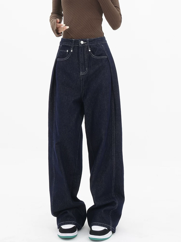 KEN STUDIO Quần jean ống đứng mới mùa xuân thu dành cho nữ, quần ống rộng dáng rộng phong cách đường phố, quần dài cạp cao