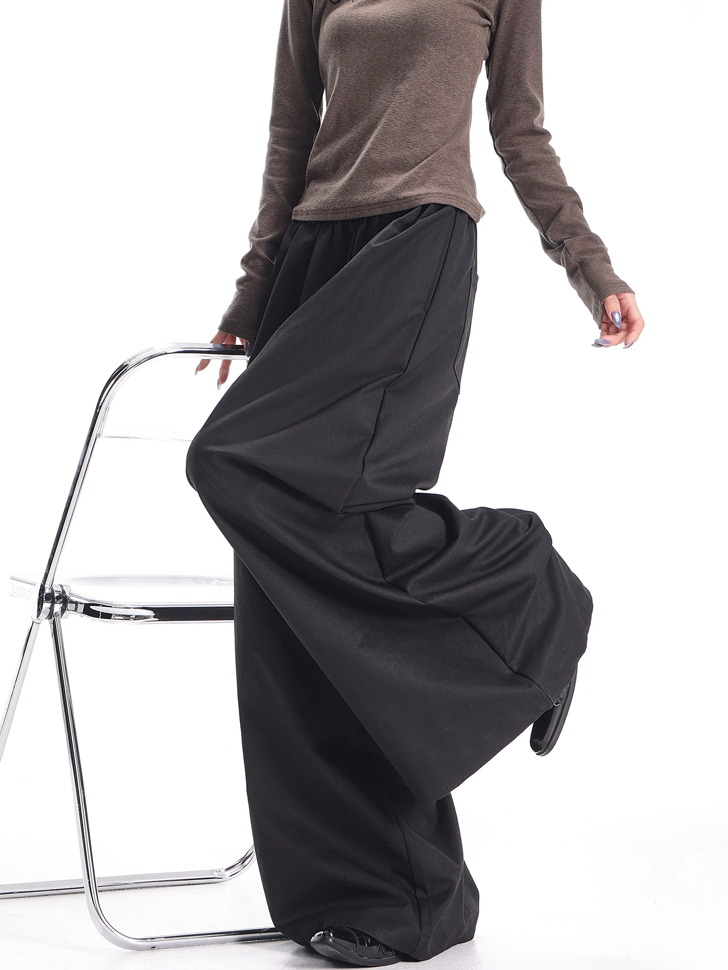 KEN STUDIO2025 Quần ống rộng màu đen mới thu đông dành cho nữ, dáng rộng, thon gọn, quần Yamamoto ống thẳng đa năng