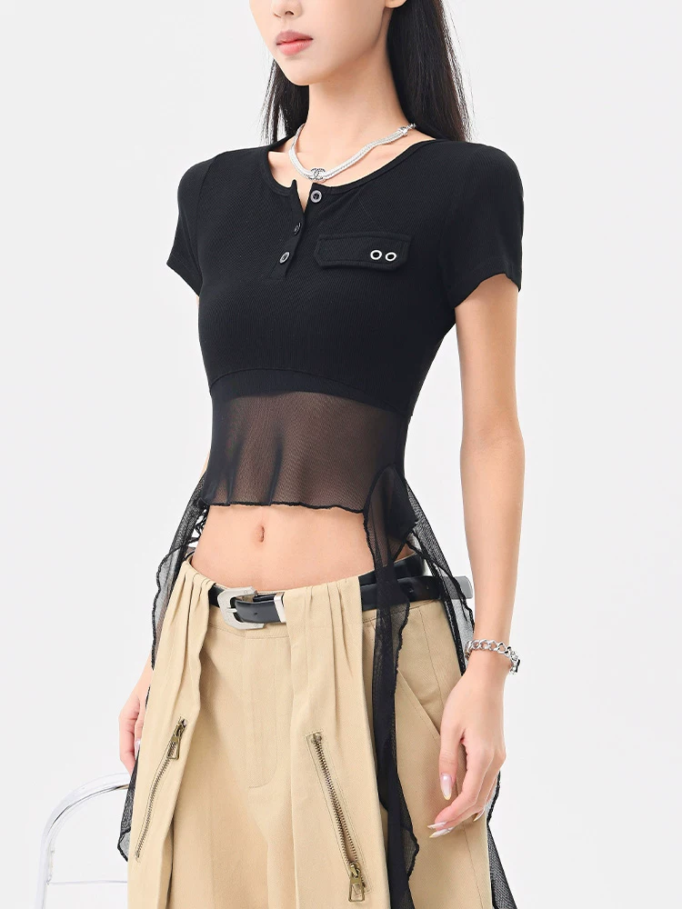KEN STUDIO Áo thun ngắn tay lưới ruy băng đen phong cách Mỹ dành cho nữ, áo crop top ngắn lưng cao, áo ôm dáng