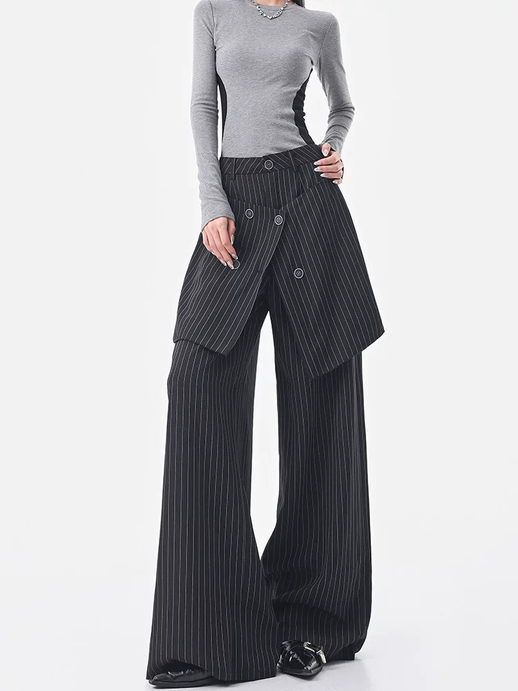 KEN STUDIO Quần dài xếp nếp sọc đen mùa hè và mùa thu mới dành cho nữ với thiết kế độc đáo, quần ống rộng dáng rộng