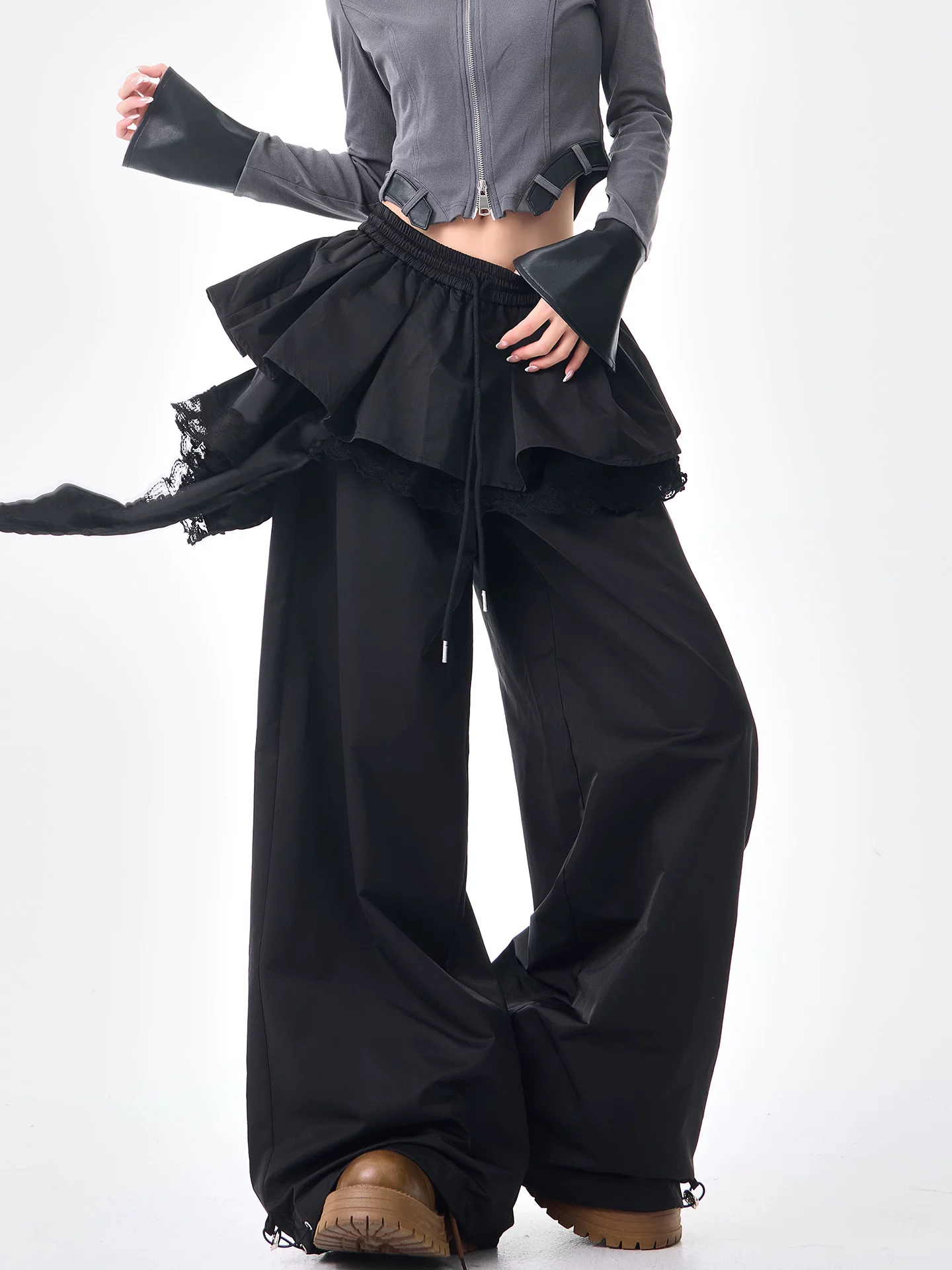 KEN STUDIO đầu mùa thu phong cách mới quần giả hai mảnh màu đen ống rộng kiểu dáng giản dị dành cho nữ với thiết kế viền ren quần ống thẳng