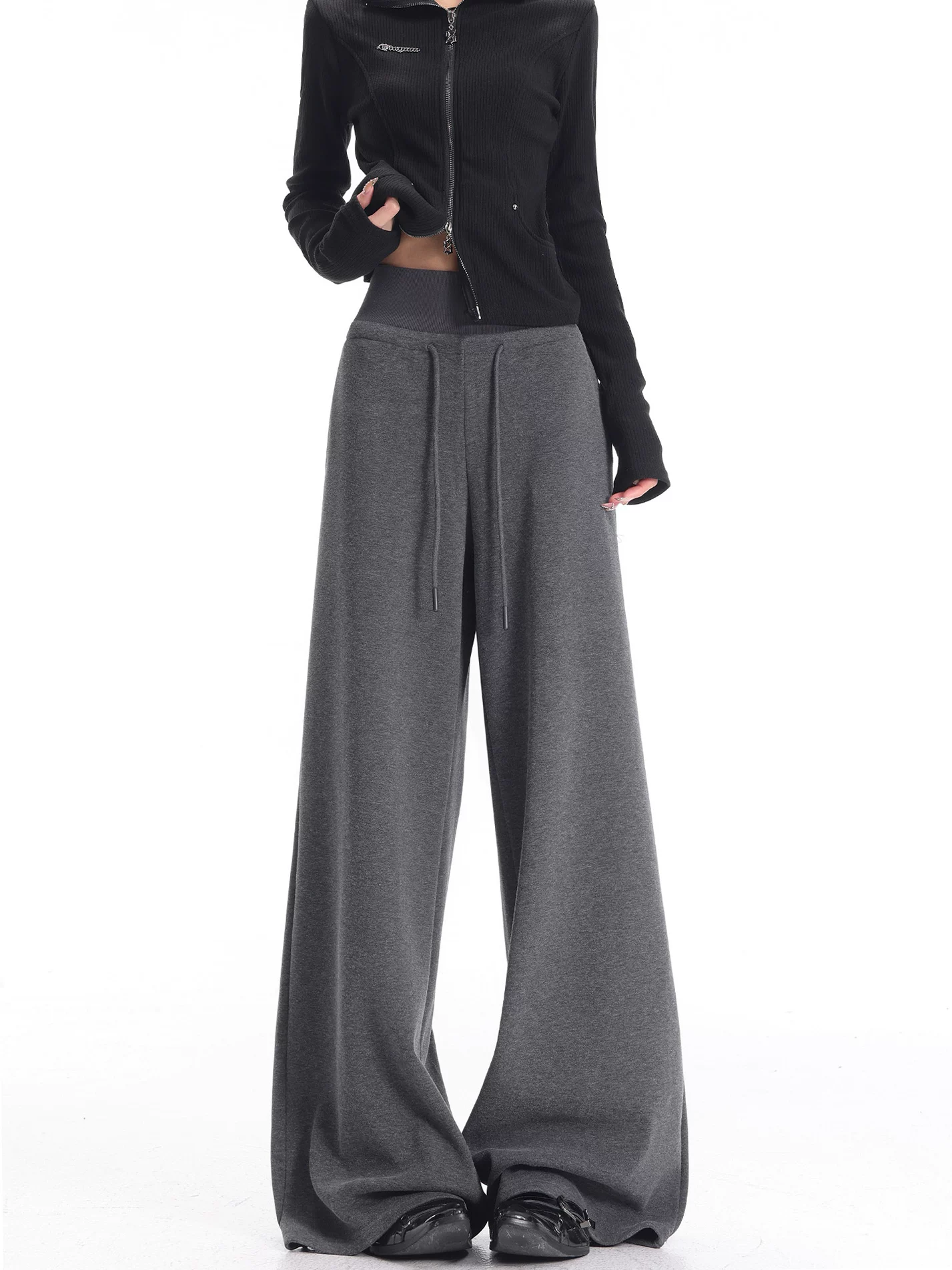 KEN STUDIO quần thể thao dày lót lông cừu màu xám thu đông mới dành cho nữ, quần cạp cao, dáng rộng, quần ống rộng kiểu gạo nếp