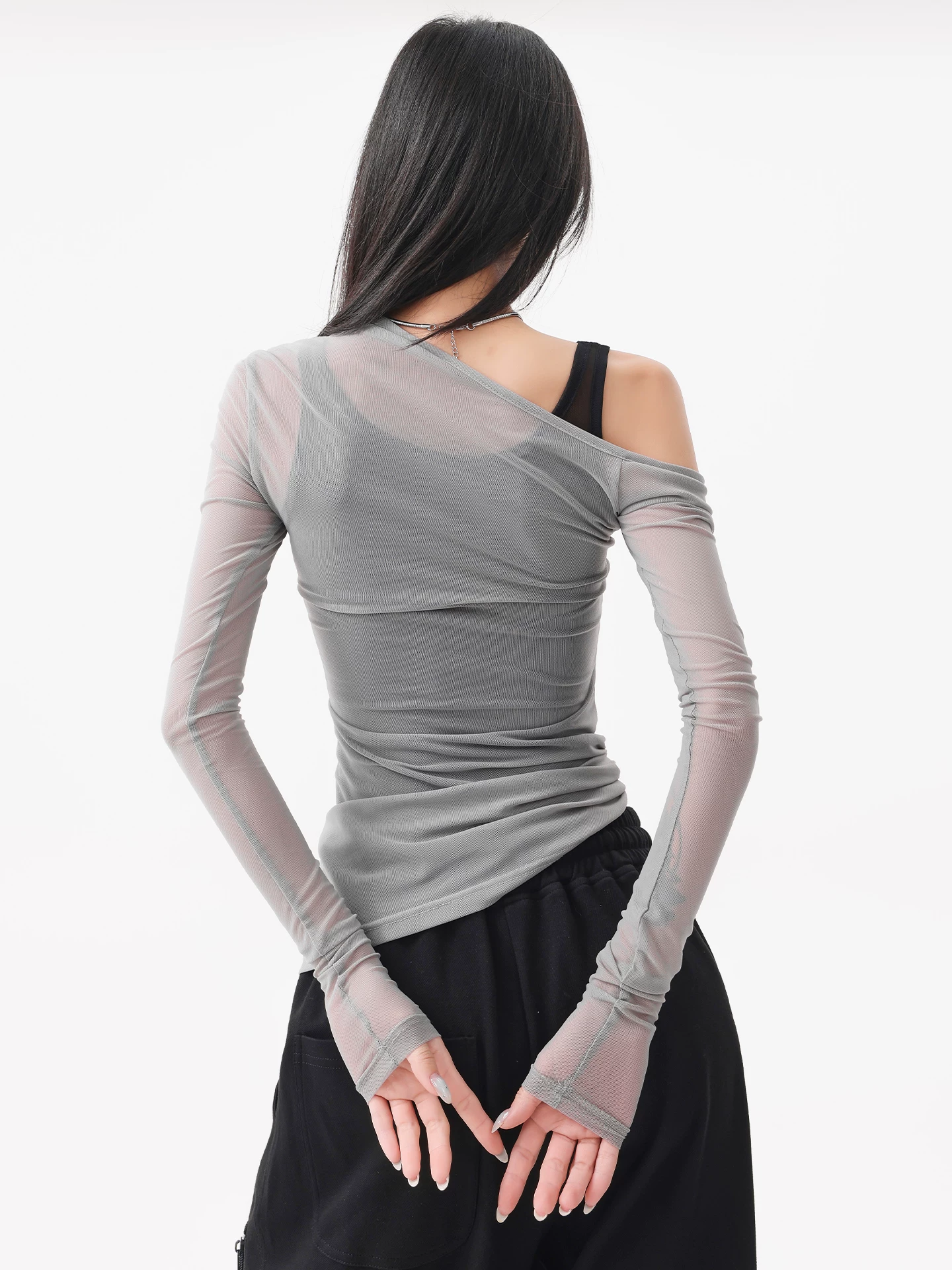 KEN STUDIO áo ba lỗ màu xám dáng ôm vừa vặn chống nắng che nắng giả hai mảnh áo thun dài tay lưới