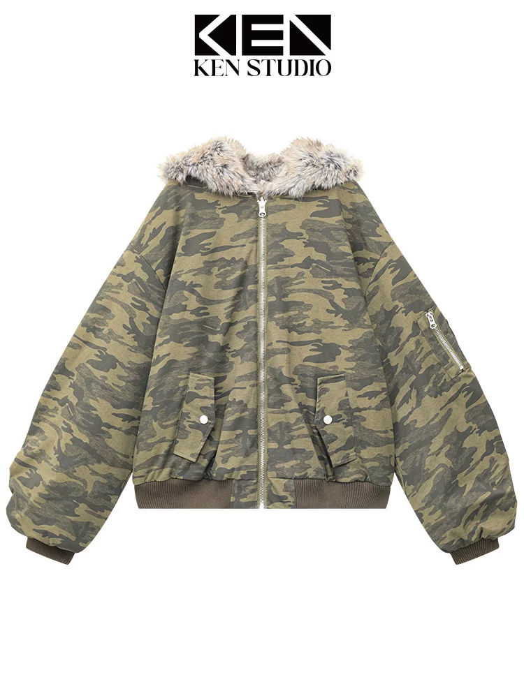 KEN STUDIO Áo khoác có mũ trùm đầu kiểu Mỹ mùa đông mới dành cho nữ, có lót lông cừu, dày dặn, áo khoác công sở rộng rãi