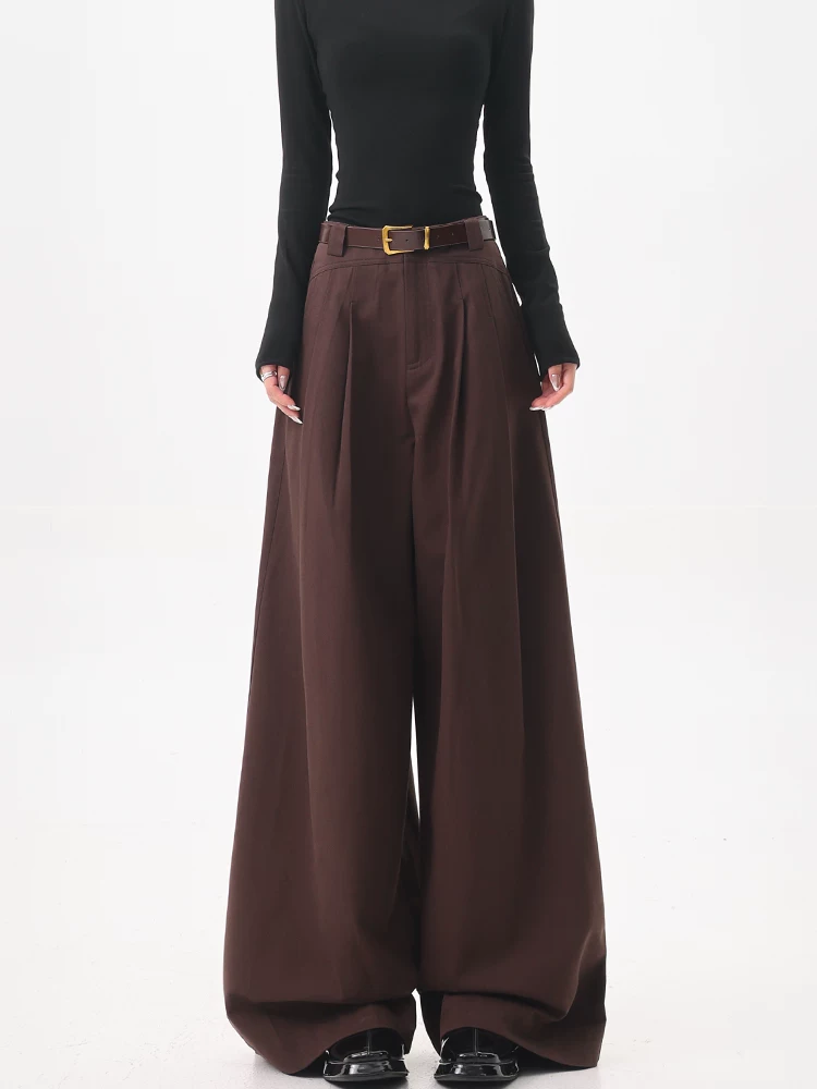 KEN STUDIO Quần tây ống rộng màu nâu Melard mùa hè và mùa thu mới dành cho nữ, quần cạp cao, dáng rộng và xếp nếp, quần thường ngày