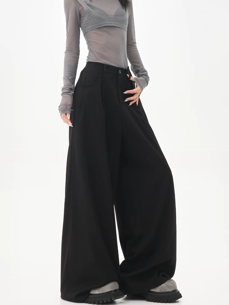 KEN STUDIO Quần tây ống rộng màu đen mùa hè mới dành cho nữ, quần cạp cao, dáng rộng, dáng suông, quần dài xếp tầng