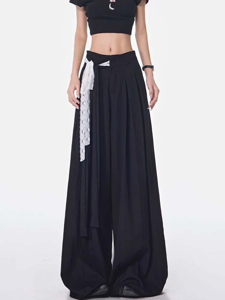 KEN STUDIO quần dài buộc dây chéo màu đen mới mùa xuân hè dành cho nữ, quần ống rộng lưng cao dáng rộng dài đến sàn