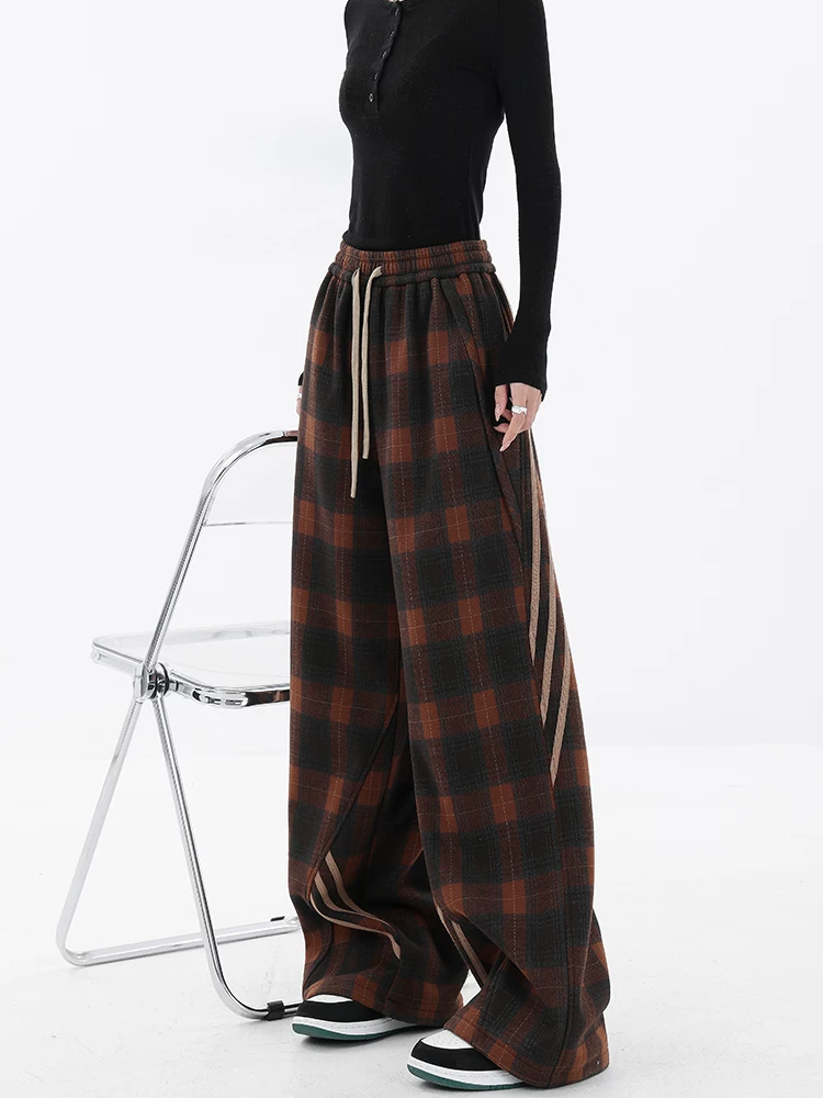 KEN STUDIO quần kẻ sọc giản dị theo phong cách retro mới mùa thu đông dành cho nữ với thiết kế màu sắc tương phản quần ống rộng thẳng