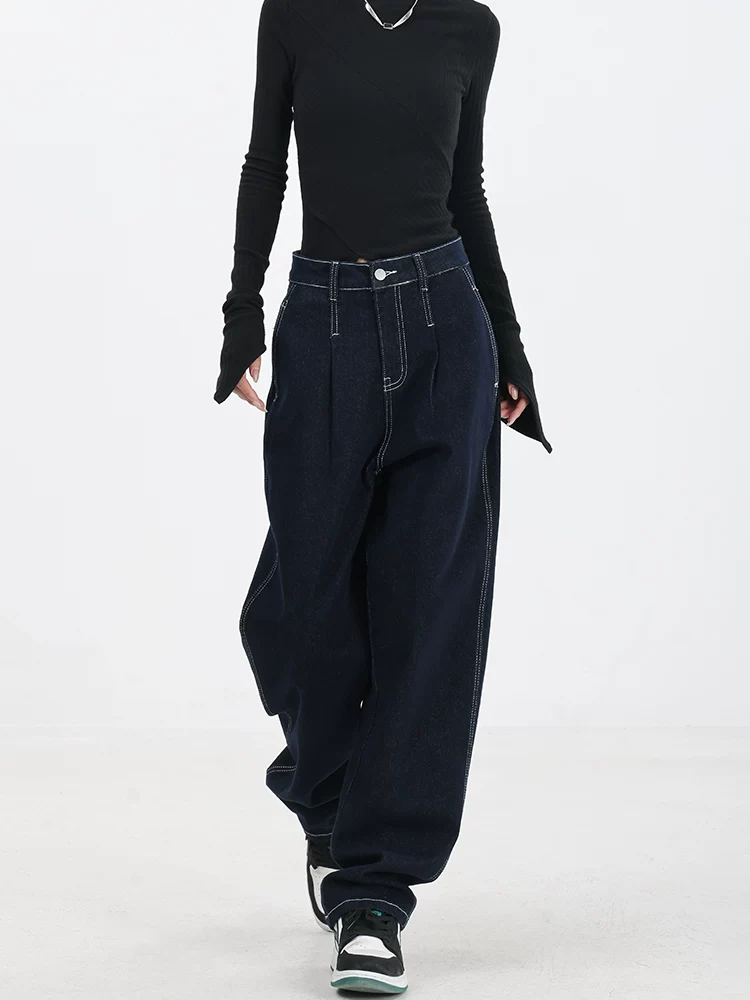 Quần jean dáng ôm thường ngày có lót lông cừu mùa thu đông của KEN STUDIO dành cho nữ, thiết kế đường may cổ điển, quần ống rộng rộng rãi.