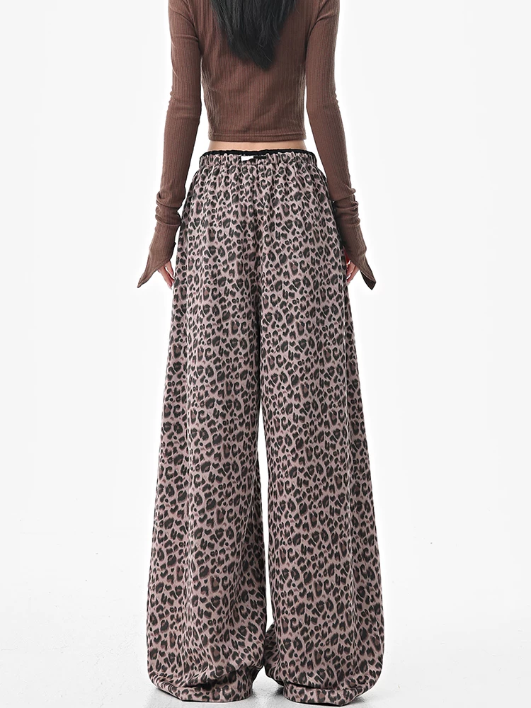 KEN STUDIO Quần thường ngày in họa tiết da báo kiểu Mỹ dành cho nữ, quần ống rộng dáng thẳng cạp cao mới mùa thu đông