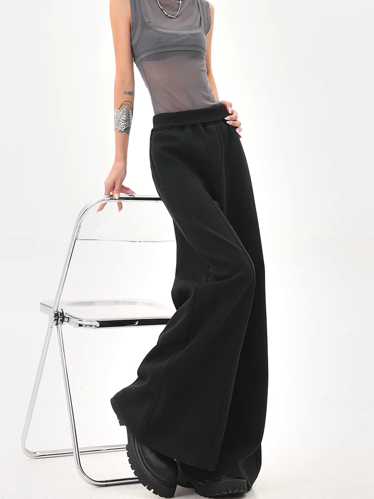 KEN STUDIO Quần thể thao màu đen phong cách Mỹ dành cho nữ, quần thể thao ống đứng cạp cao mới, quần ống rộng cho mùa hè và mùa thu.