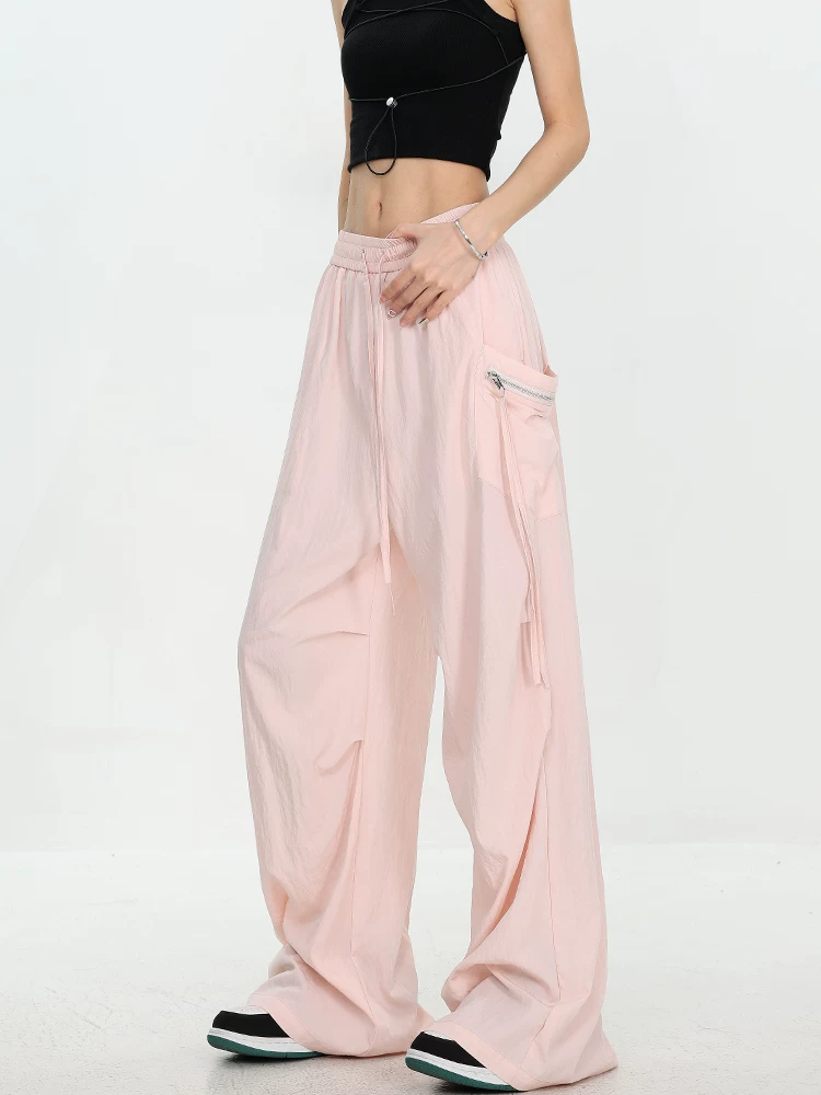 Quần cargo màu hồng thiết kế độc đáo của KEN STUDIO dành cho nữ, quần ống rộng lưng thun mỏng mùa hè.