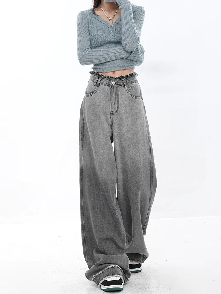 KEN STUDIO Xuân Thu Quần Jeans Cổ Điển Mới Phong Cách Vintage Cho Nữ Thiết Kế Giảm Béo Quần Ống Rộng