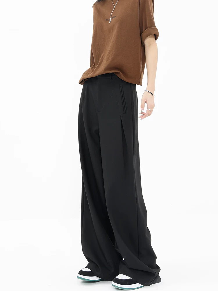 Quần tây ống đứng màu đen của KEN STUDIO dành cho nữ, quần ống rộng dáng rộng mùa xuân thu mới, quần tây dáng rộng