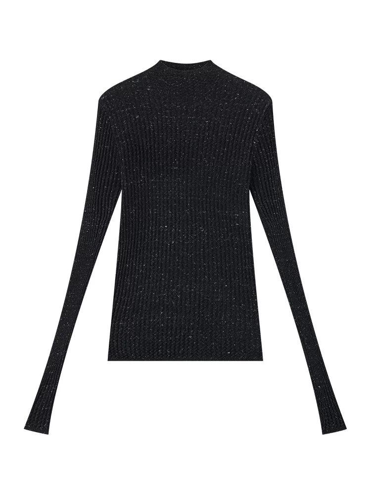KEN STUDIO Áo dệt kim dài tay màu đen thu đông mới dành cho nữ với thiết kế tôn dáng và cổ áo nửa cao