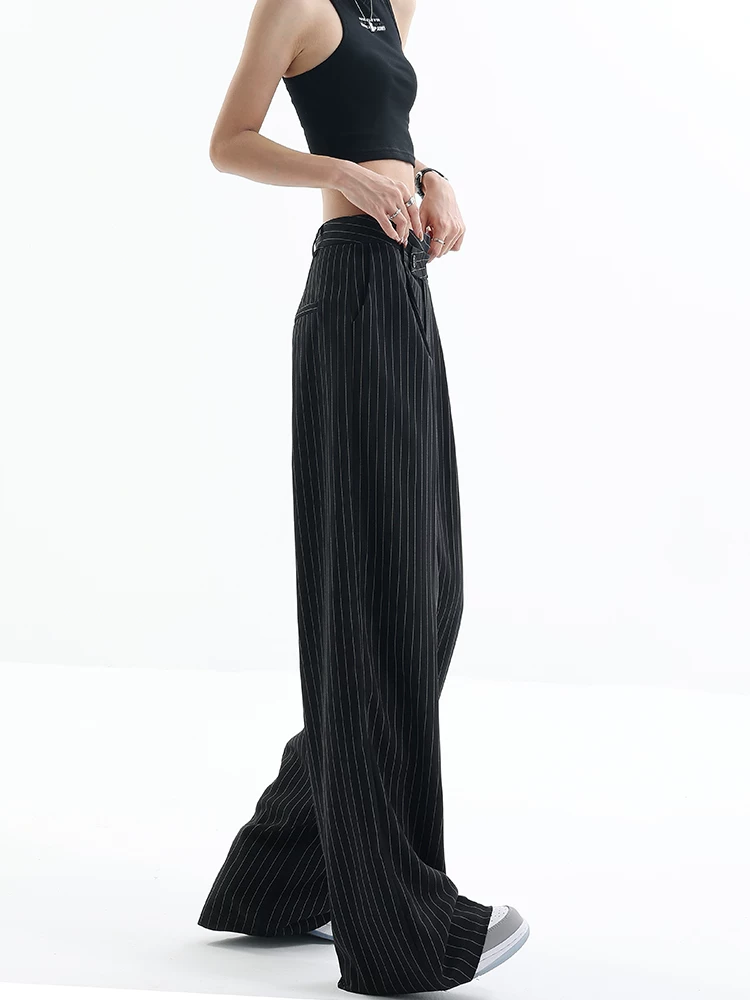 KEN STUDIO Quần dài xếp nếp sọc không đều cho nữ, thiết kế mùa hè mới, quần ống rộng dáng rộng