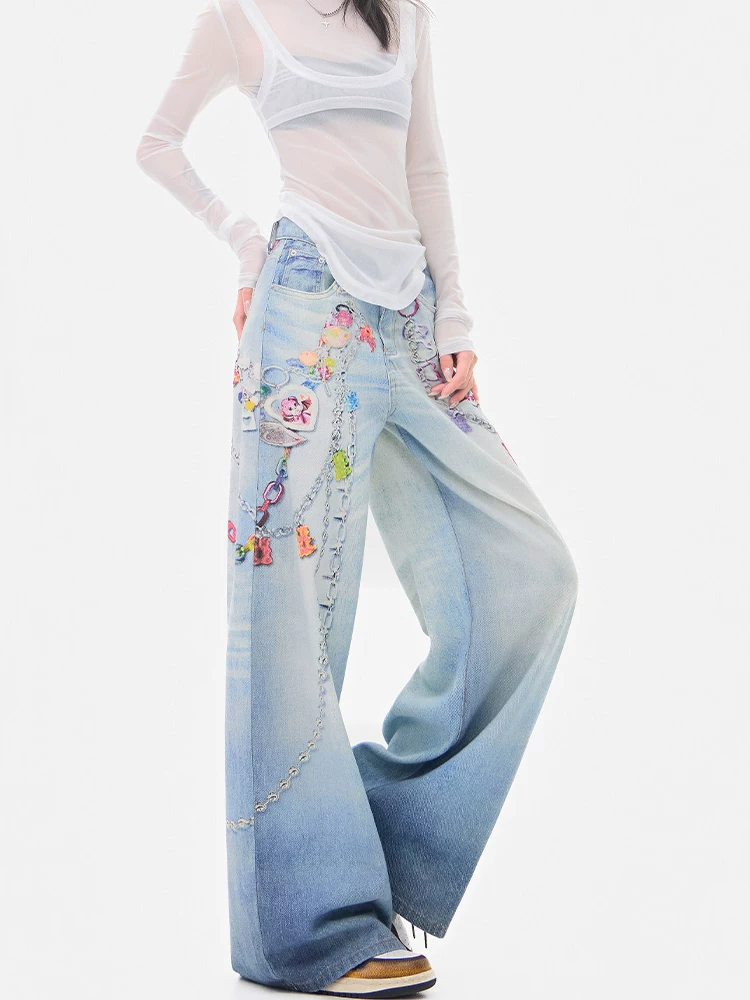 KEN STUDIO Quần jean ống rộng in họa tiết kiểu Mỹ dành cho nữ, quần dài dáng rộng dáng rộng mới mùa hè