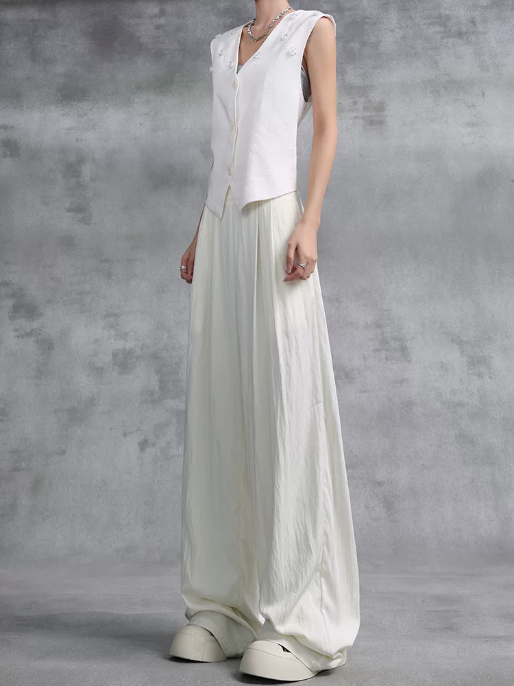 KEN STUDIO mùa hè mới quần mỏng đa năng xếp ly có họa tiết thẳng quần thường ngày dành cho nữ quần ống rộng dáng rộng