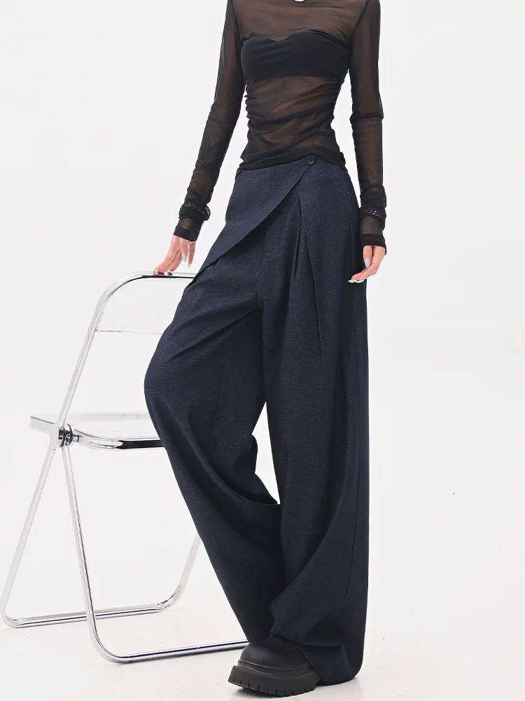 KEN STUDIO quần tây denim màu xanh mới mùa hè dành cho nữ, quần ống rộng giả hai mảnh xếp ly lưng cao.