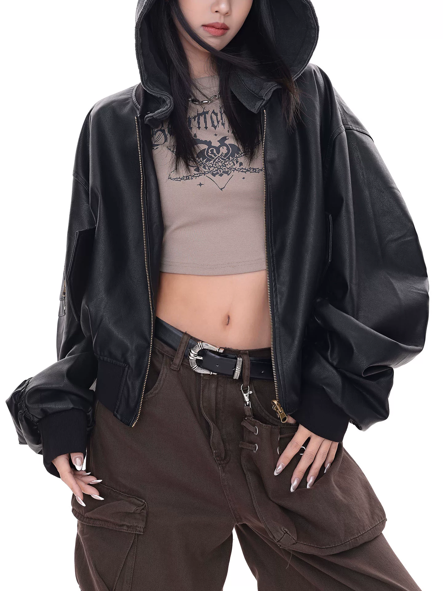 KEN STUDIO Áo khoác da có mũ trùm đầu màu đen mùa thu mới dành cho nữ, áo khoác cardigan ngắn kiểu cổ điển giản dị