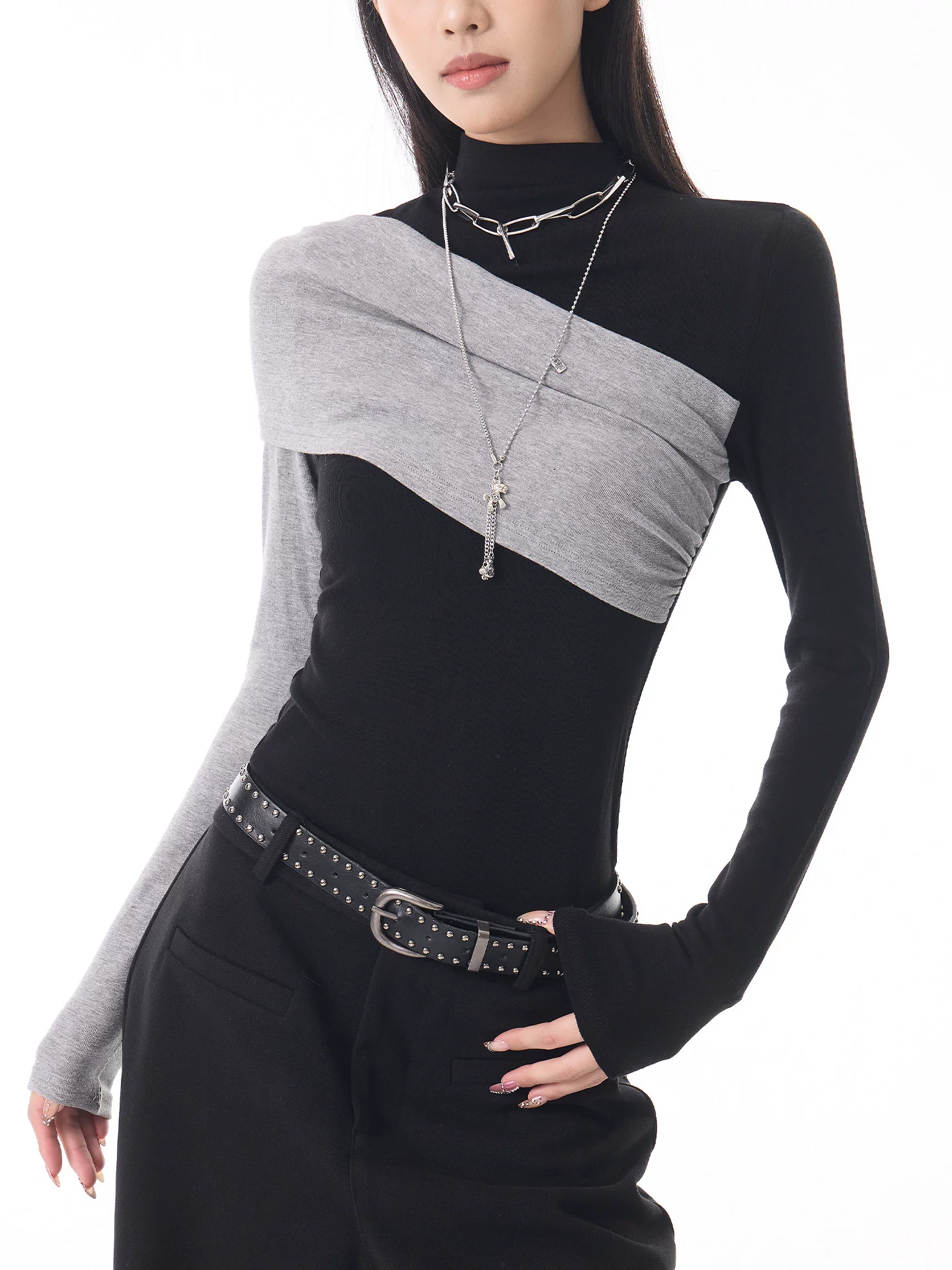 KEN STUDIO Xuân Thu Thiết kế mới Áo sơ mi cổ lọ nửa cổ màu khối dành cho nữ Áo dài tay ôm vừa vặn