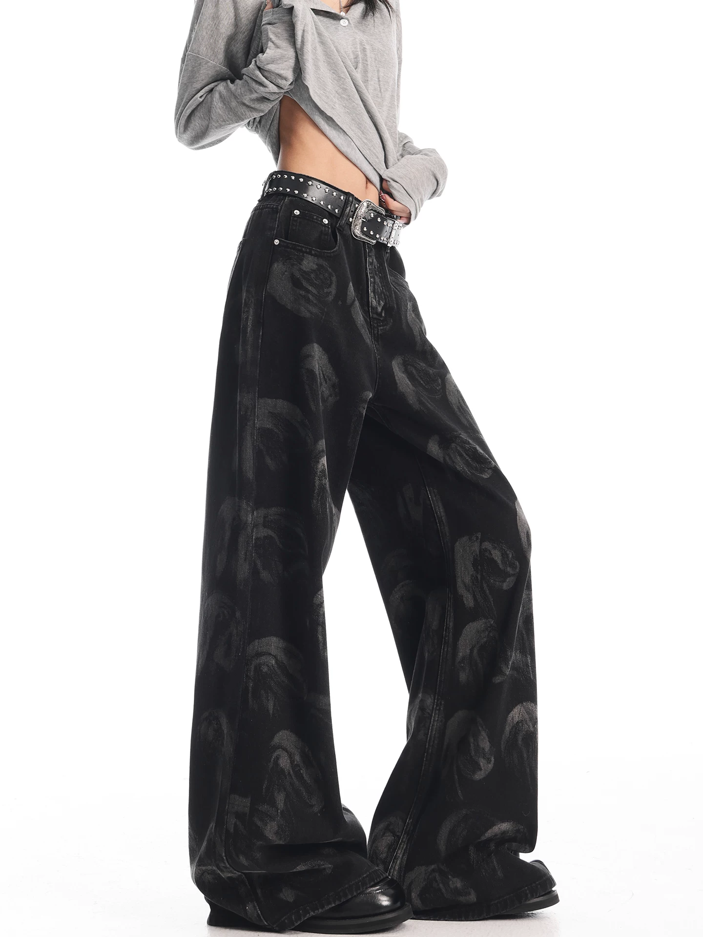 KEN STUDIO quần jean in họa tiết cổ điển mới của Mỹ mùa thu đông dành cho nữ, quần ống rộng cạp cao, quần dài đến sàn