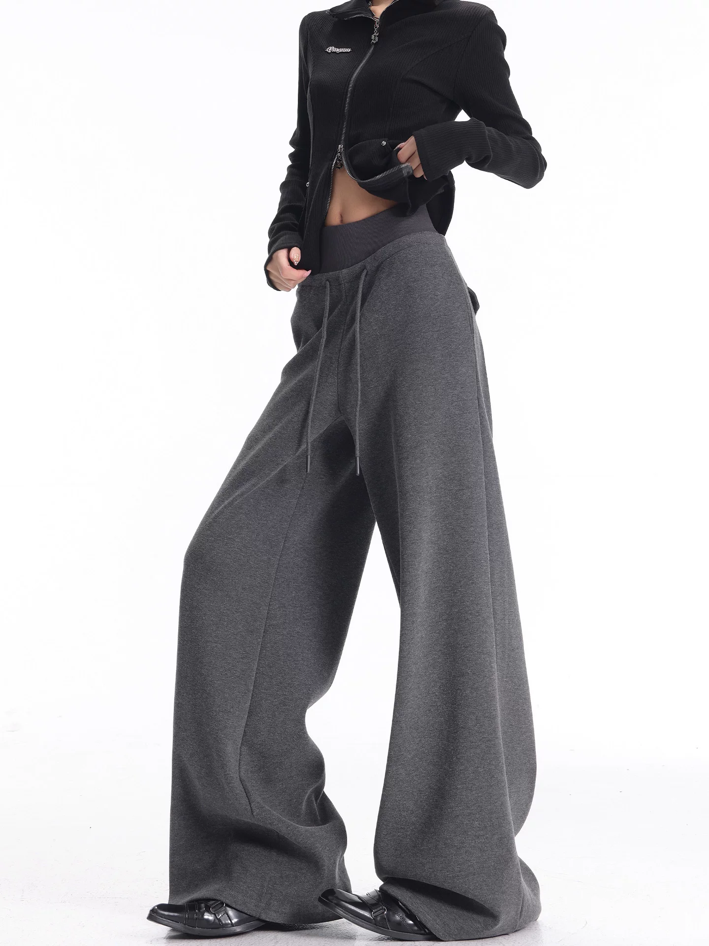 KEN STUDIO quần thể thao dày lót lông cừu màu xám thu đông mới dành cho nữ, quần cạp cao, dáng rộng, quần ống rộng kiểu gạo nếp