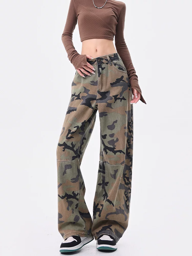 KEN STUDIO mùa hè và mùa thu mới của Mỹ quần jean ngụy trang cổ điển lưng cao dáng rộng quần ống rộng quần ống rộng quần scimitar