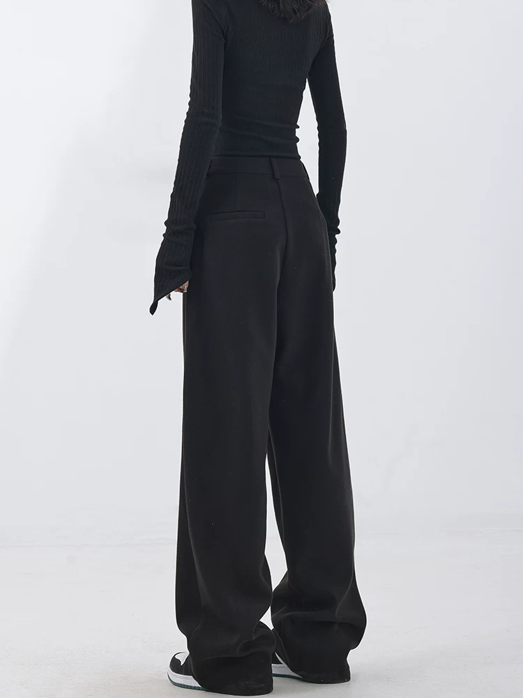 KEN STUDIO quần dài thẳng dày dặn bằng len mùa thu đông nguyên bản dành cho nữ, quần ống rộng dáng rộng giảm béo