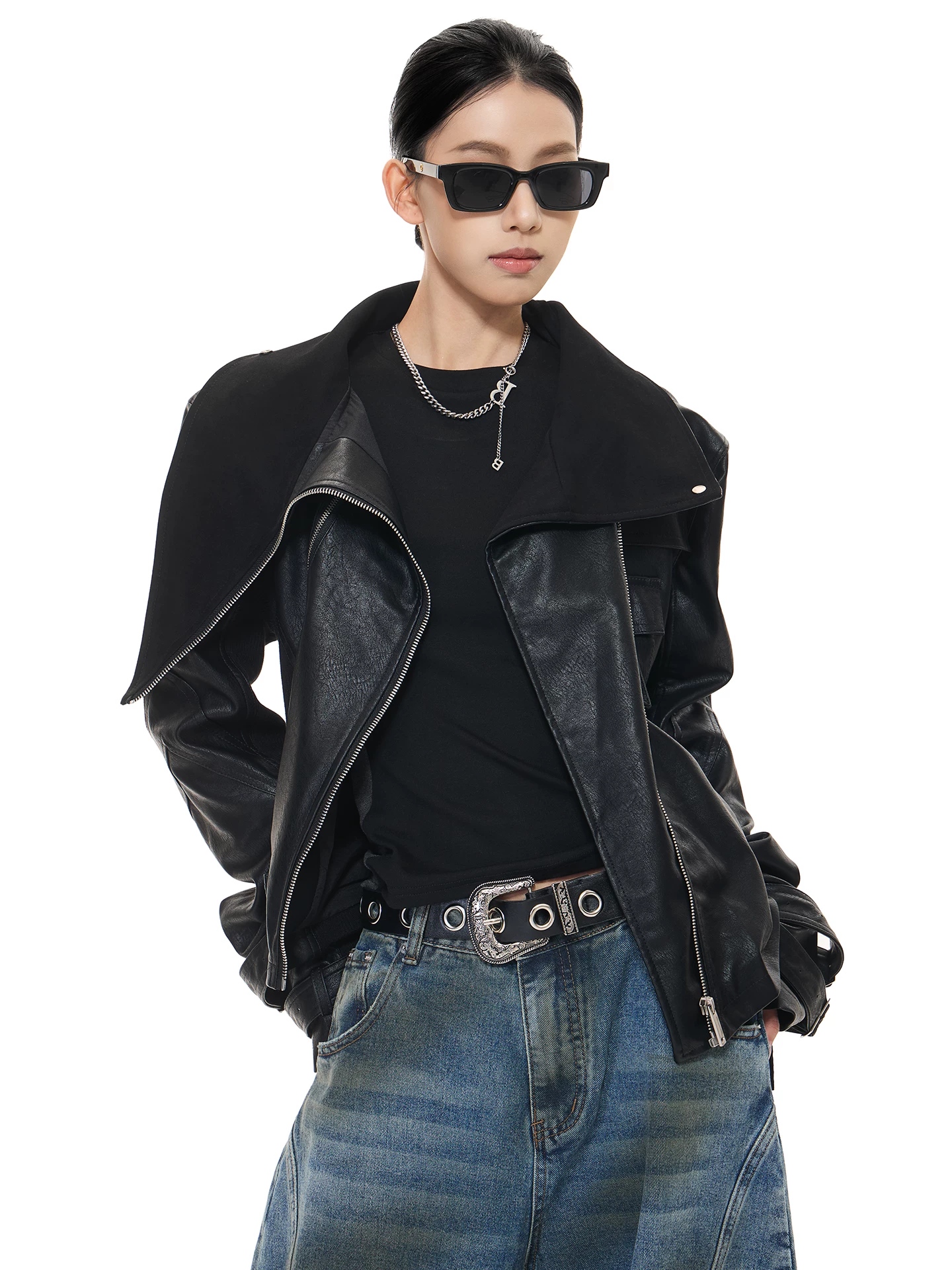 Áo khoác da biker phối màu đen mùa thu mới của KEN STUDIO dành cho nữ, áo khoác ngắn ôm dáng