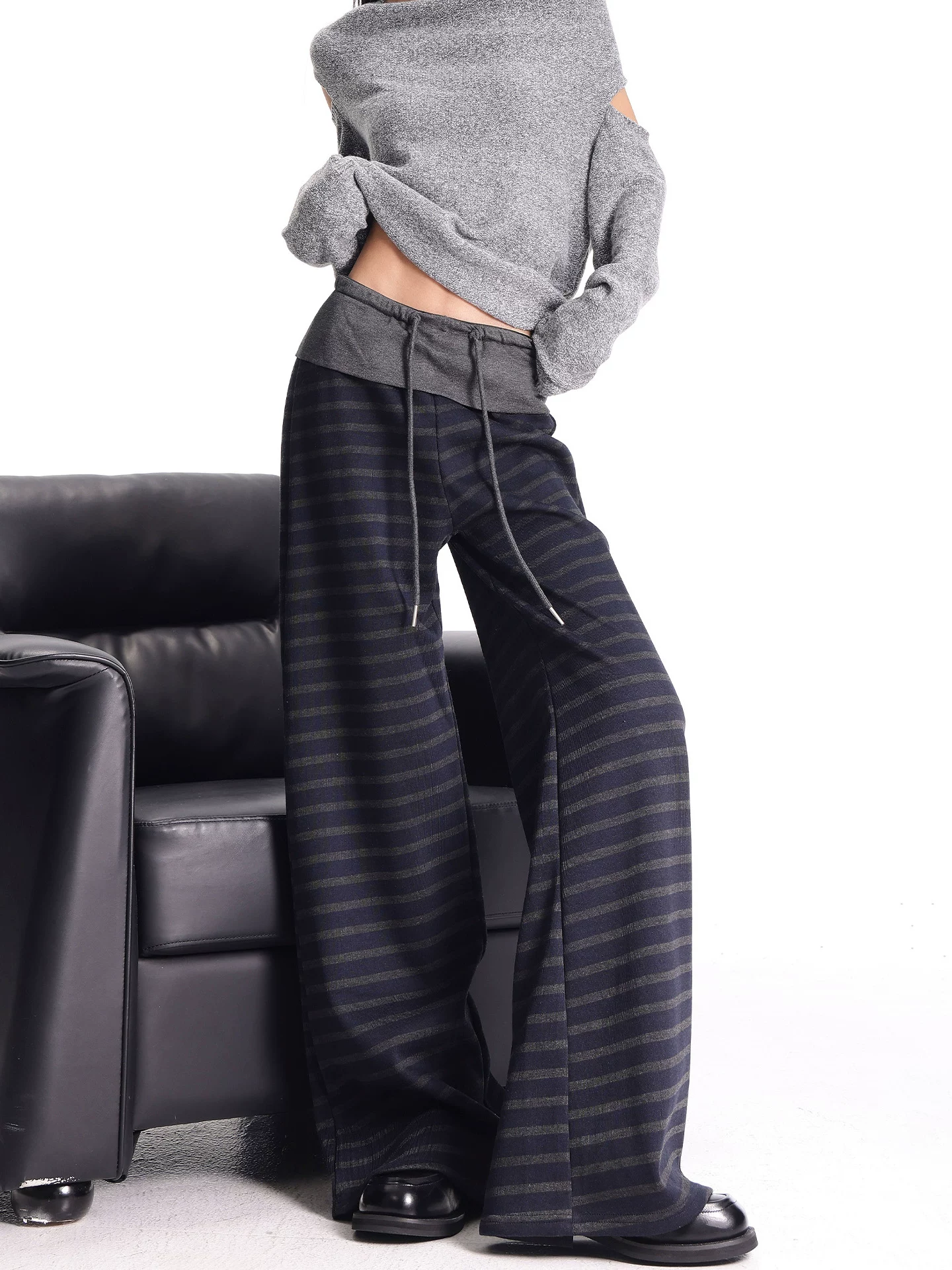 KEN STUDIO quần dài sọc giản dị phong cách thu đông mới có lót lông cừu, quần ống rộng đa năng, dáng dài, ống rộng, dài đến sàn