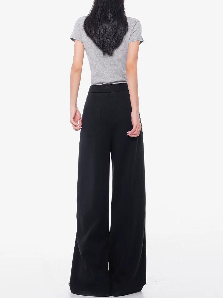 KEN STUDIO Xuân Thu Mới Quần thể thao màu đen Quần thể thao nữ dáng rộng Quần thường ngày lưng cao Quần dài thẳng đến sàn