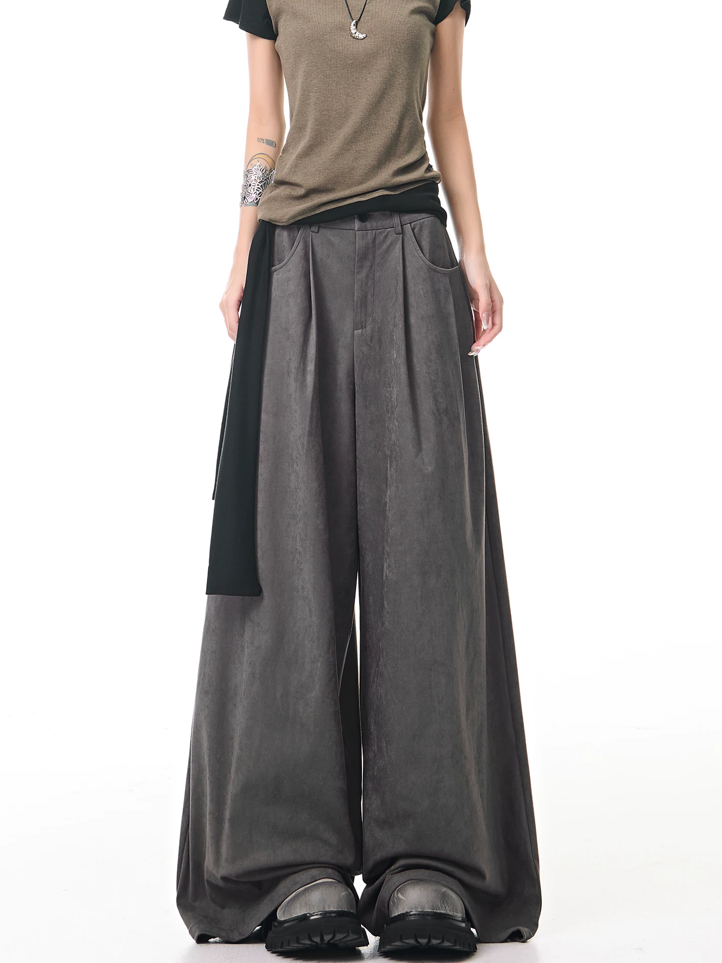 KEN STUDIO Quần tây ống rộng da lộn màu xám thu đông mới dành cho nữ, quần cạp cao, dáng rộng, quần thường ngày giúp giảm béo