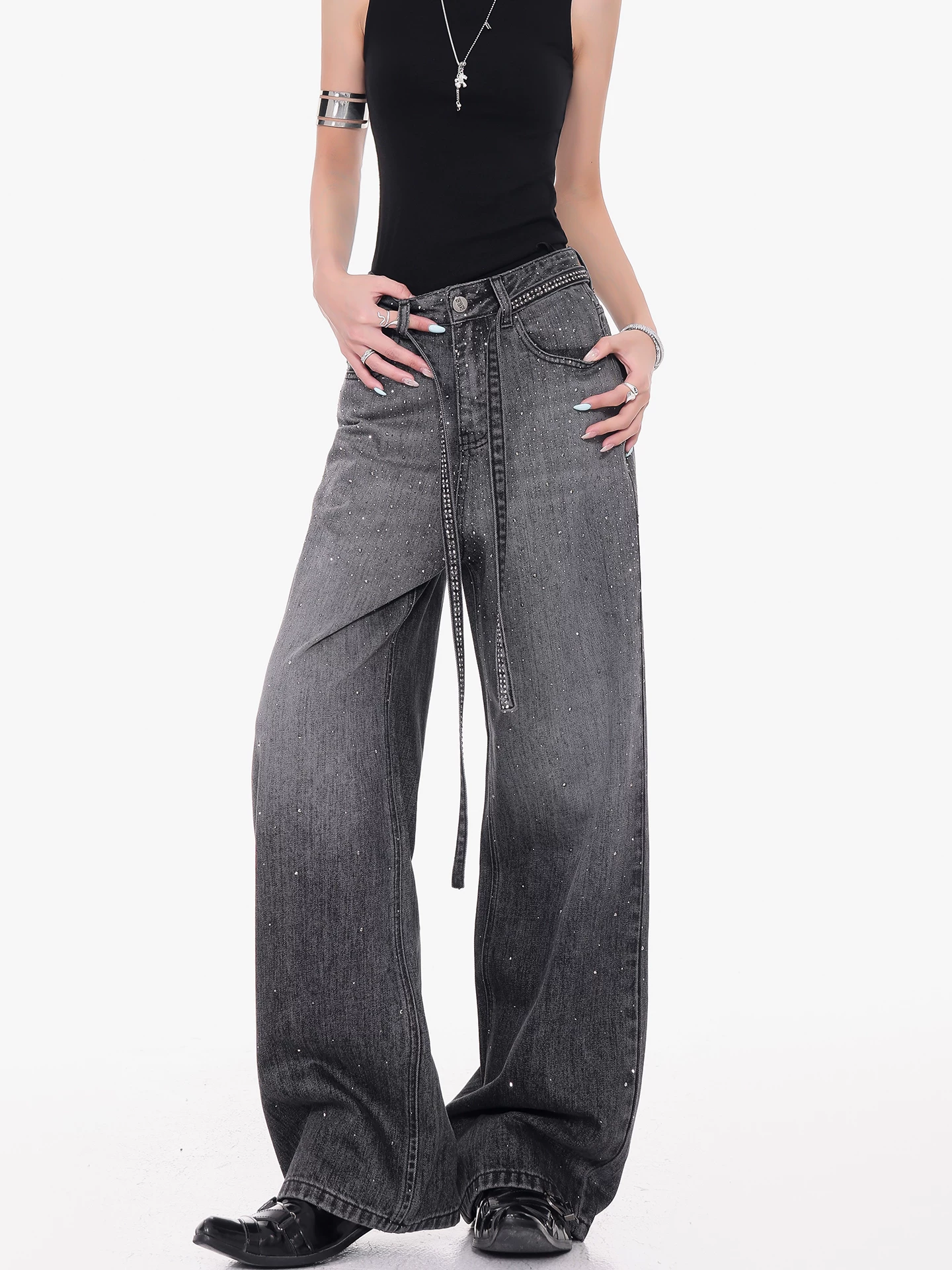 KEN STUDIO Quần jean đính đá đen phong cách đường phố cao cấp của Mỹ dành cho nữ, quần dài dáng rộng dáng rộng mới mùa hè giúp giảm béo