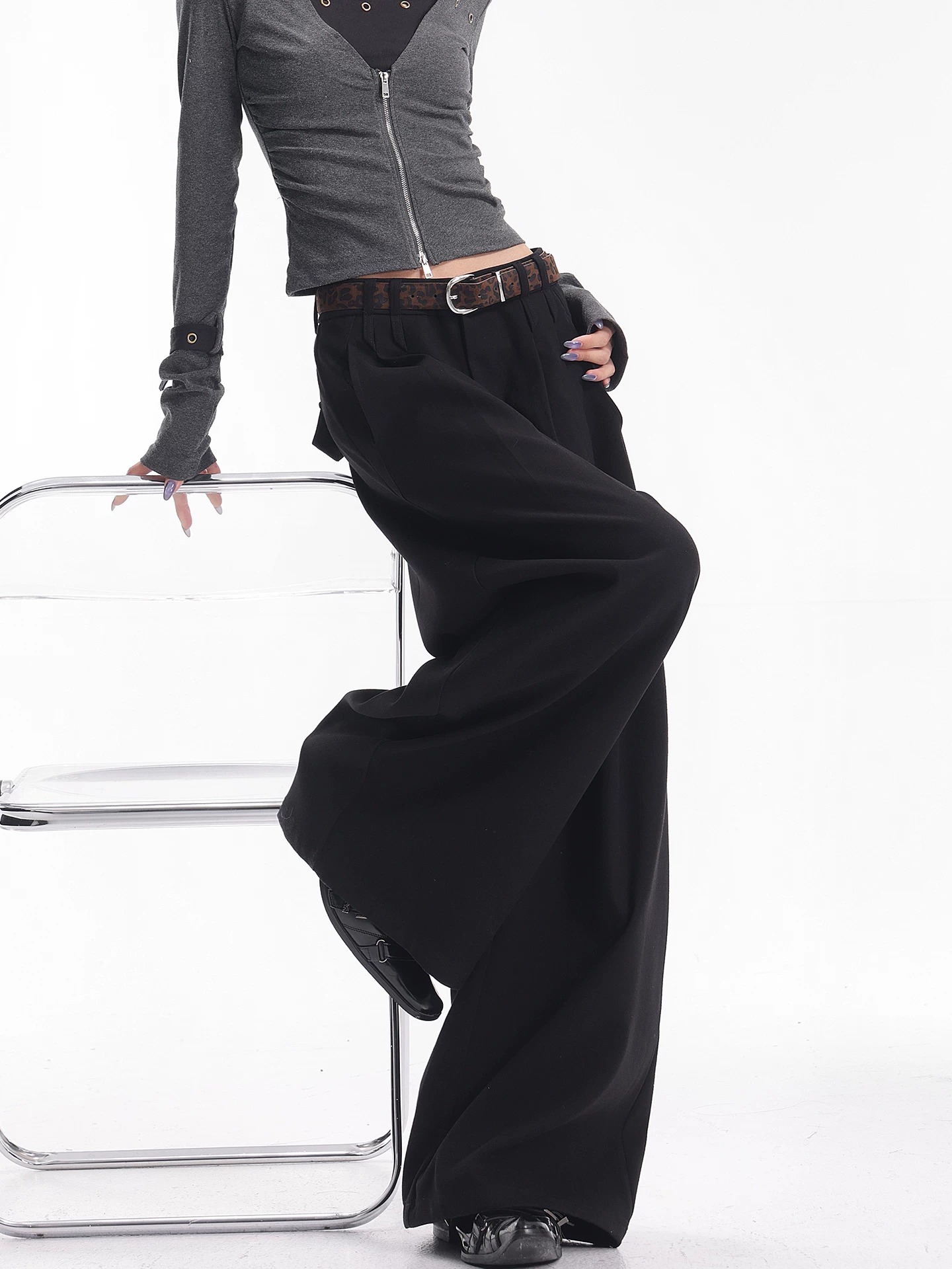 KEN STUDIO Quần tây ống rộng màu đen chải kỹ mùa thu đông mới dành cho nữ, quần dài xếp ly dáng rộng, dáng rộng, dài đến sàn