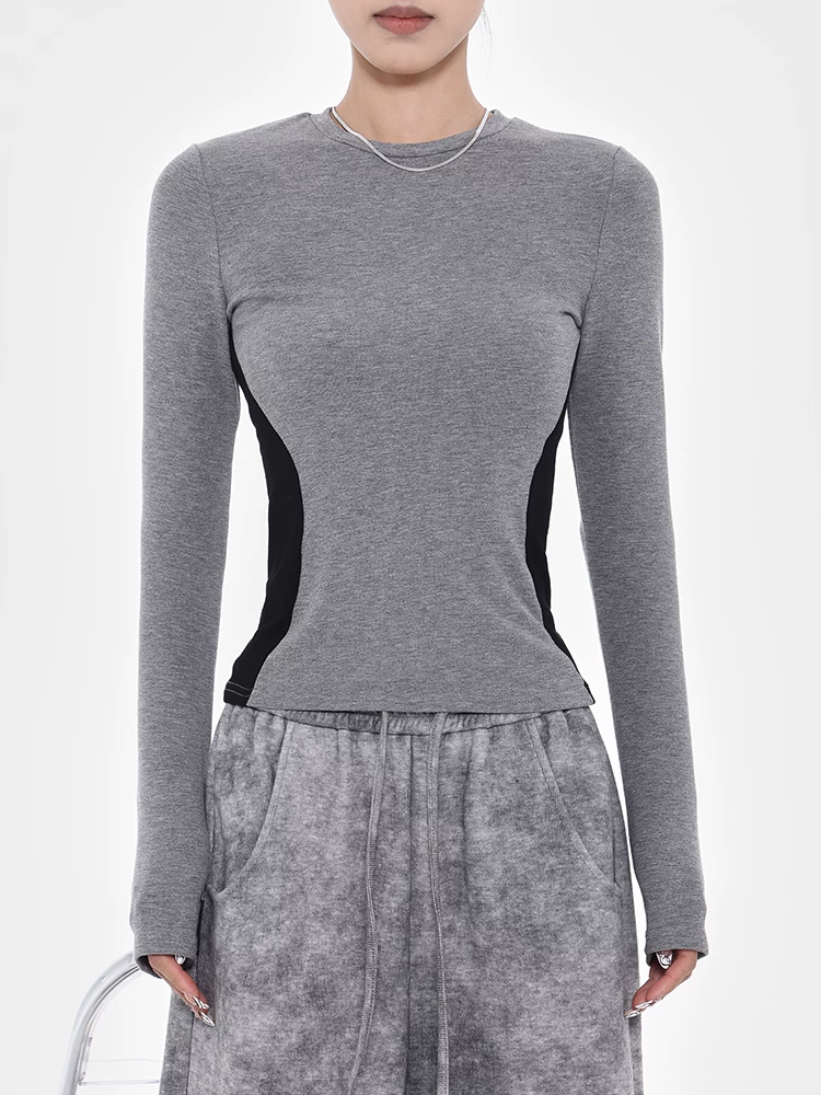 KEN STUDIO2025 Áo sơ mi cơ bản bằng vải chải màu thu đông dành cho nữ, xu hướng áo thun dài tay cổ tròn mềm mại và thoải mái