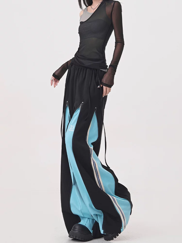 KEN STUDIO quần thể thao chắp vá màu xanh cổ điển dành cho nữ quần dài ống rộng khiêu vũ đường phố nhạc jazz