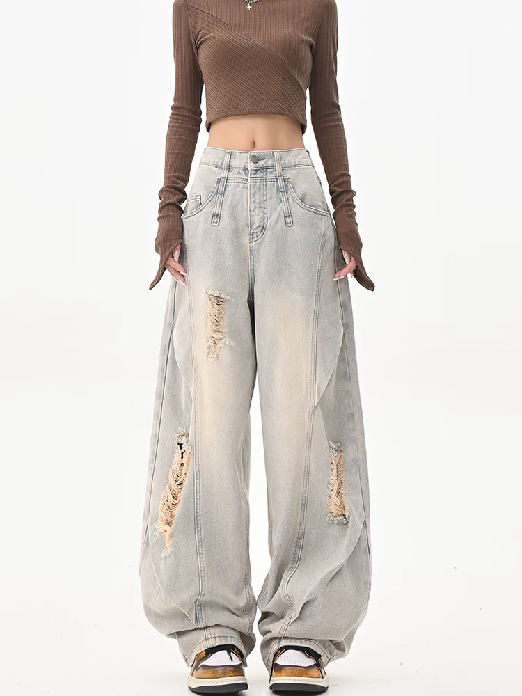 KEN STUDIO Quần jean rách kiểu cổ điển của Mỹ dành cho nữ, quần ống rộng lưng cao kiểu mùa hè mới.