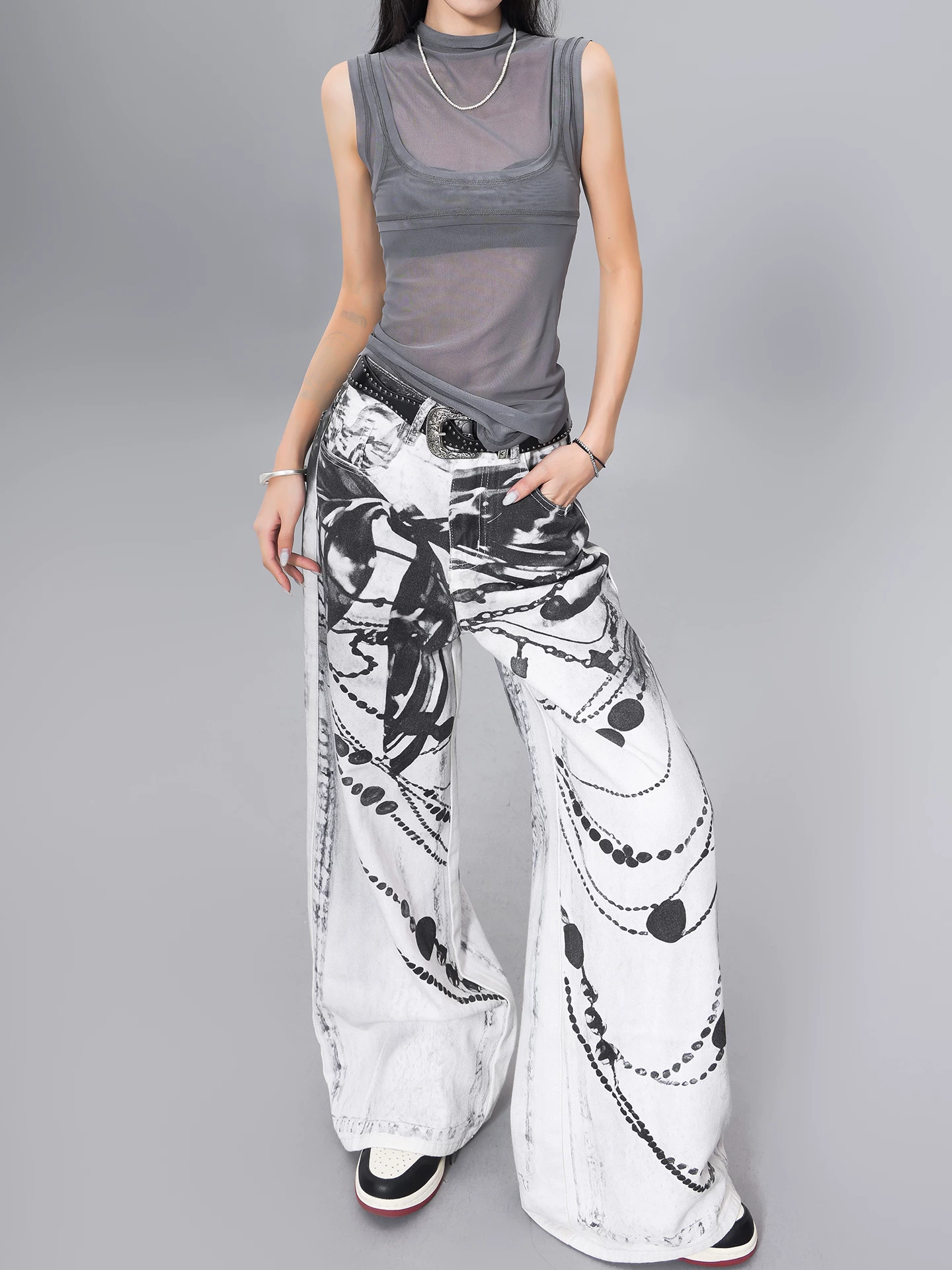 Quần jean denim in mực KEN STUDIO dành cho nữ, phong cách đường phố mùa hè, quần cạp cao, dáng rộng và quần giảm béo