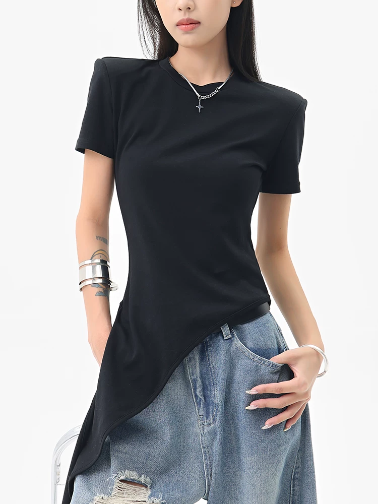 Áo thun ngắn tay xẻ tà bất đối xứng màu đen của KEN STUDIO dành cho nữ, thiết kế mùa hè, áo ôm vừa vặn