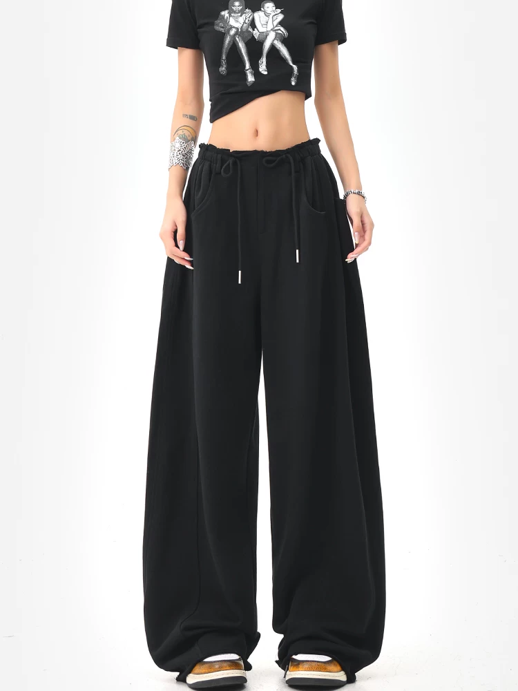 KEN STUDIO Quần thể thao dây rút màu đen phong cách đường phố Mỹ Quần ống rộng lưng cao dáng rộng dành cho nữ