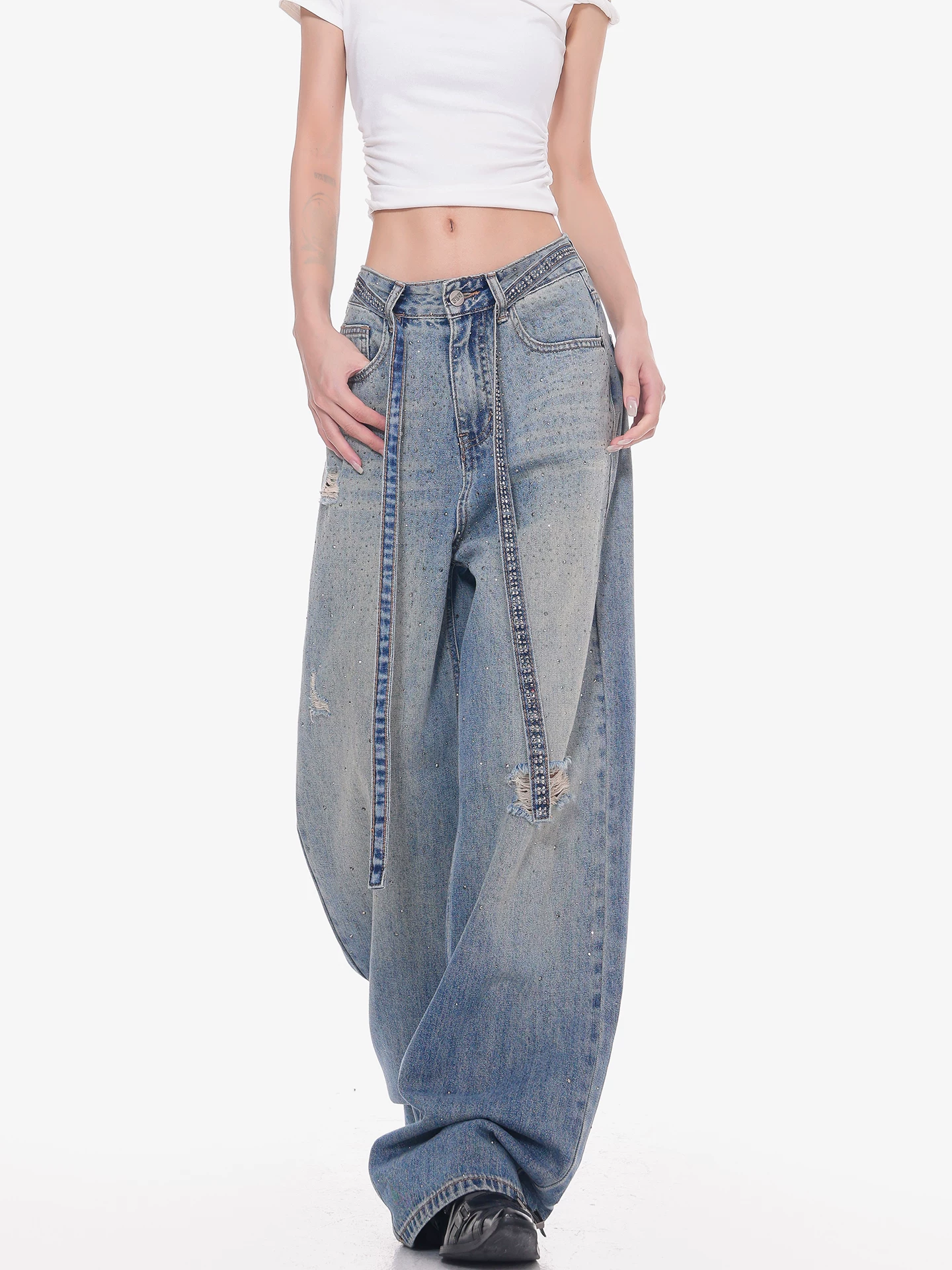 Quần jean rách đính đá Galaxy của KEN STUDIO dành cho nữ, Quần dài ống rộng đính đá hình ngôi sao mùa hè