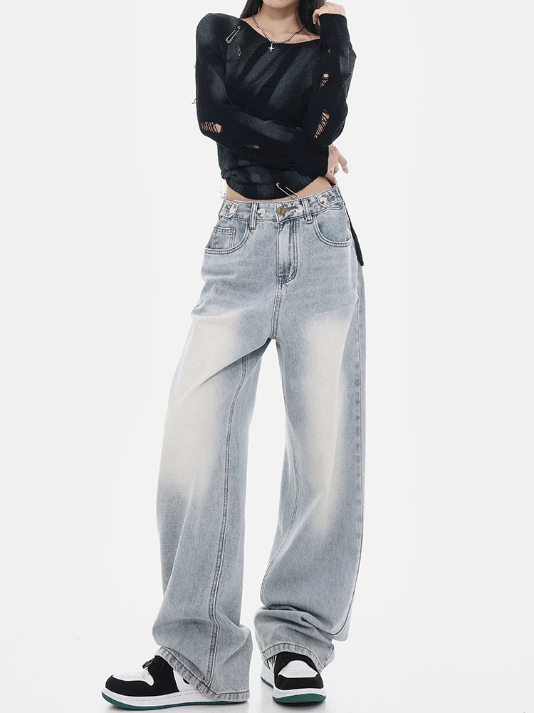 KEN STUDIO đầu mùa thu quần jean ống rộng phong cách đường phố Mỹ mới dành cho nữ, quần dài ống rộng lưng cao dáng thẳng