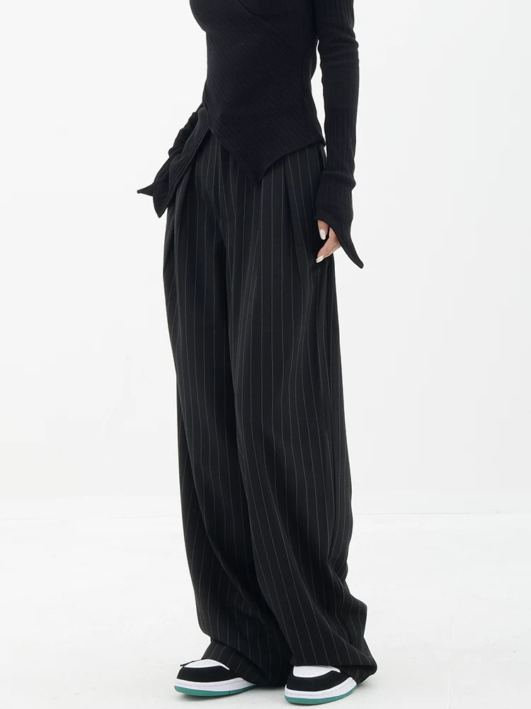 Quần vest sọc KEN STUDIO dành cho nữ, quần vest dáng thẳng lưng cao mùa xuân thu có thiết kế thời trang, quần ống rộng