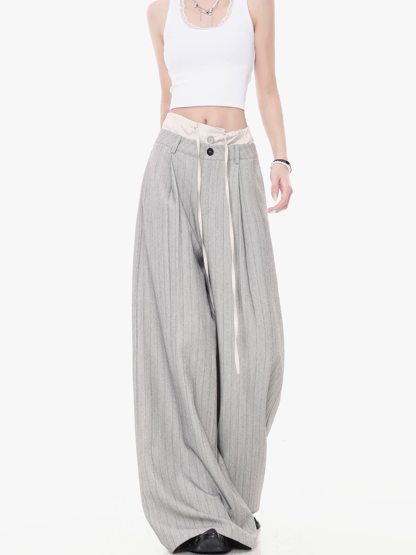 KEN STUDIO Quần tây sọc xám hai eo mới mùa thu dành cho nữ, quần ống rộng cao cấp, quần dài đến sàn