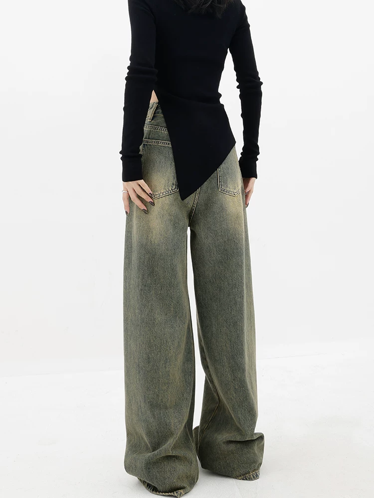 Quần jean cổ điển lót lông cừu mùa thu đông của KEN STUDIO dành cho nữ, quần ống rộng dáng thẳng, rộng rãi, có thiết kế, quần dài đến sàn