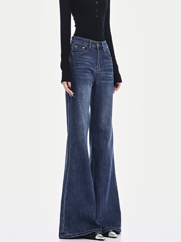 KEN STUDIO quần jean ống loe màu xanh cổ điển mới mùa thu đông dành cho nữ, quần ống loe co giãn lưng cao giảm béo cho cô gái nóng bỏng